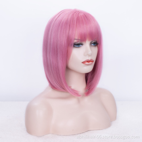 whosale cheap bob natural synthetic hair wigs for women hot sale pink color wig